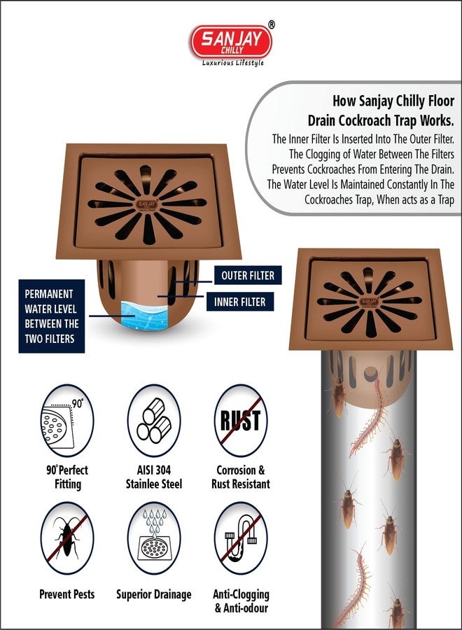 Sanjay Chilly Square Ezee Stainless Steel Floor Drain Colour Collection with Cockroach Trap for Bathroom 304 Grade Floor Drain Cover Jali Safety from Snakes & Insects in Toilet (Rose Gold 6x6 Inch) - Image 4